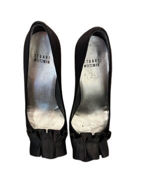 Vintage Stuart Weitzman Black Satin Peep Toe Pumps Ruffle Bow Heels Size 6